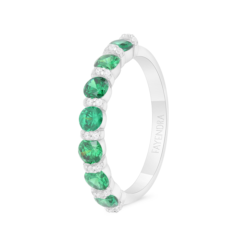 Sterling Silver 925 Ring Rhodium Plated Embedded With Emerald Zircon And White Zircon