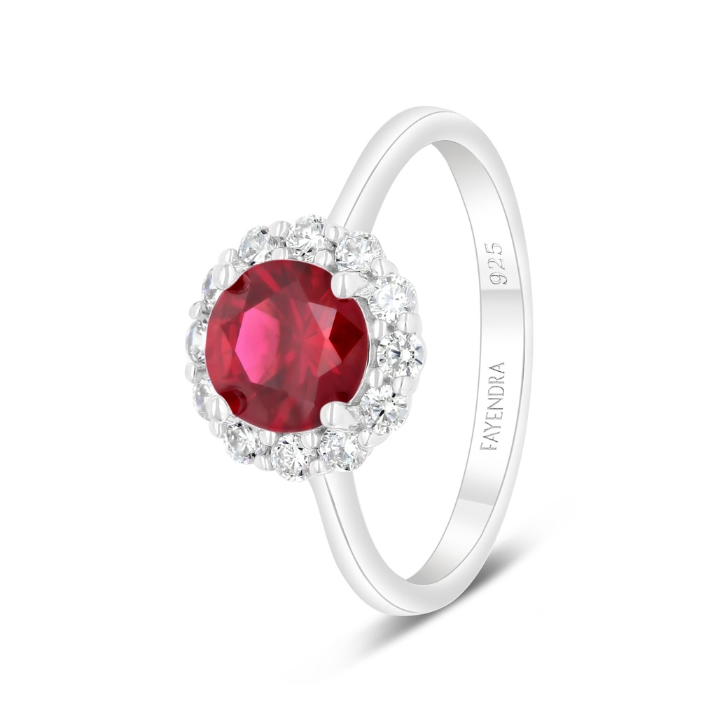 Sterling Silver 925 Ring  Rhodium Plated Embedded With Ruby Corundum And White Zircon