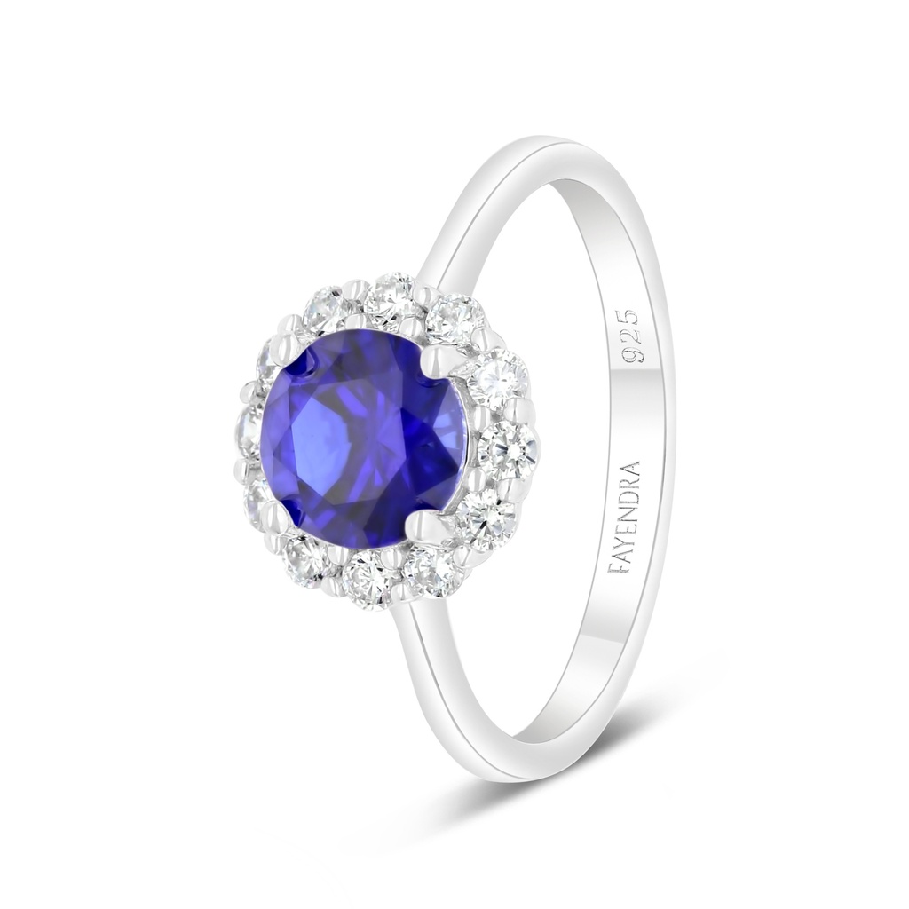 Sterling Silver 925 Ring Rhodium Plated Embedded With Sapphire Corundum And White Zircon