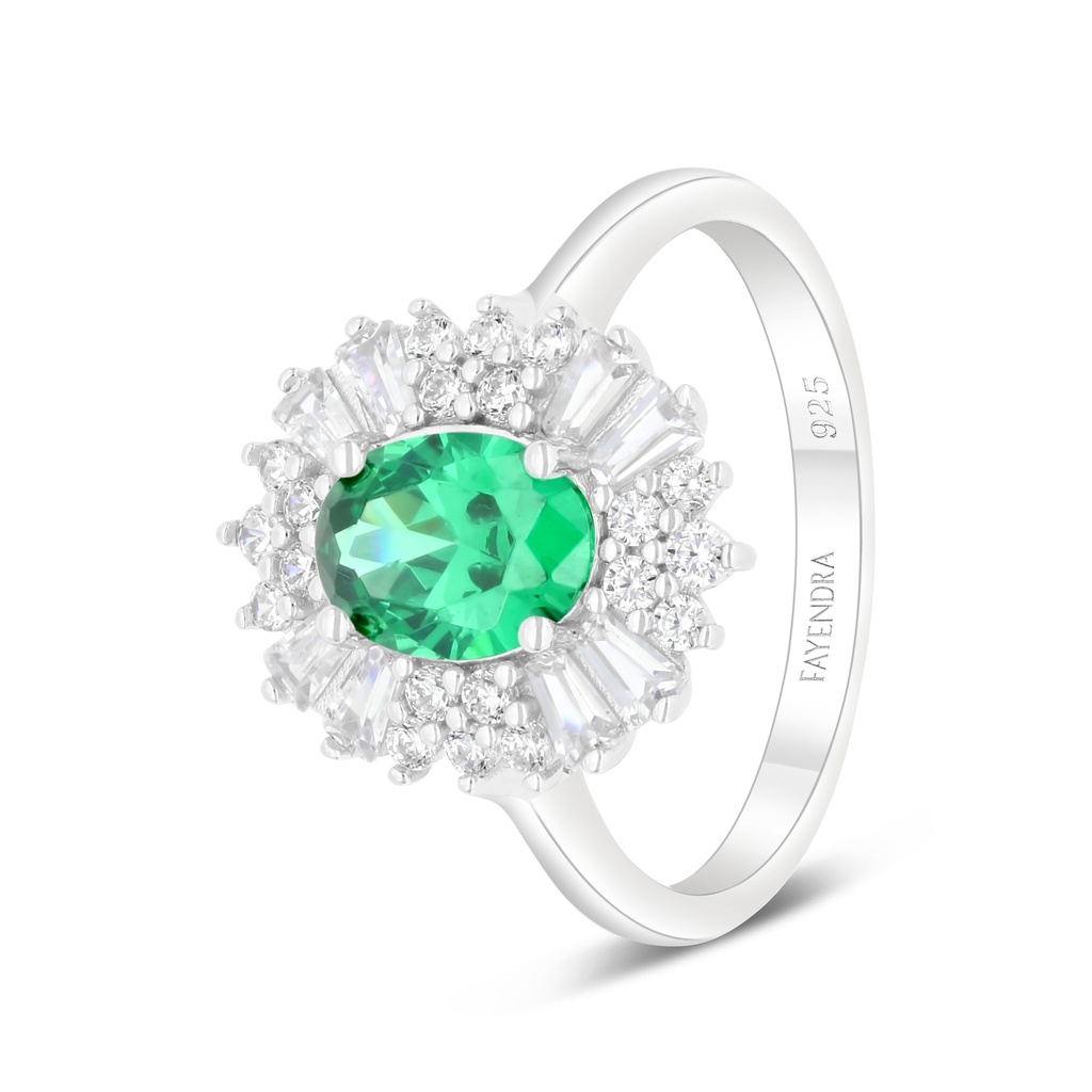 Sterling Silver 925 Ring Rhodium Plated Embedded With Emerald Zircon And White Zircon