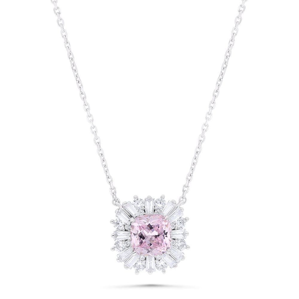 Sterling Silver 925 Necklace Rhodium Plated Embedded With Pink Zircon And White Zircon