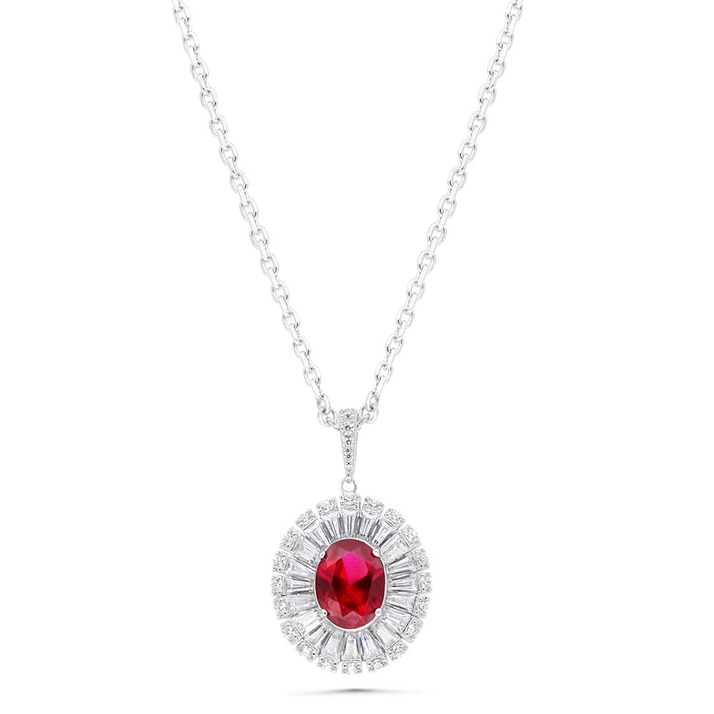 Sterling Silver 925 Necklace Rhodium Plated Embedded With Ruby Corundum And White Zircon