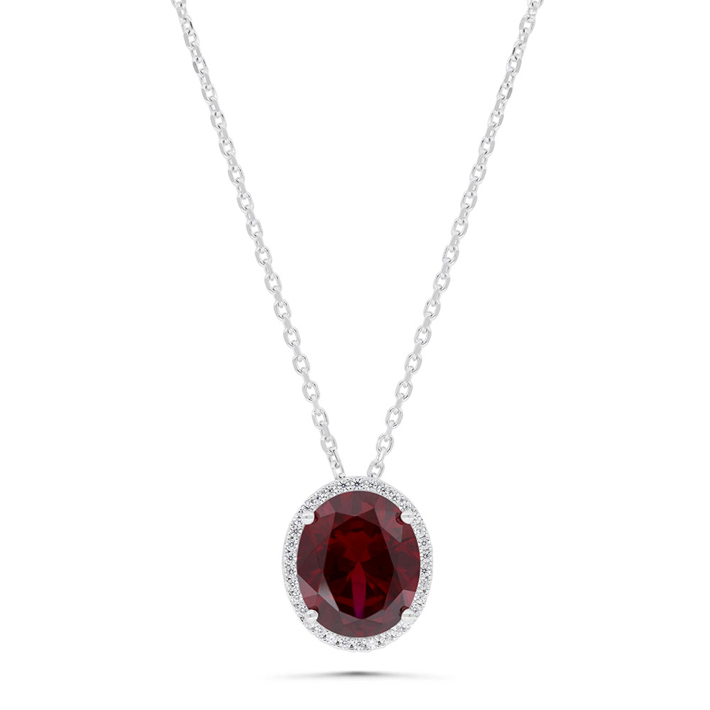 Sterling Silver 925 Necklace Rhodium Plated Embedded With Ruby Corundum And White Zircon