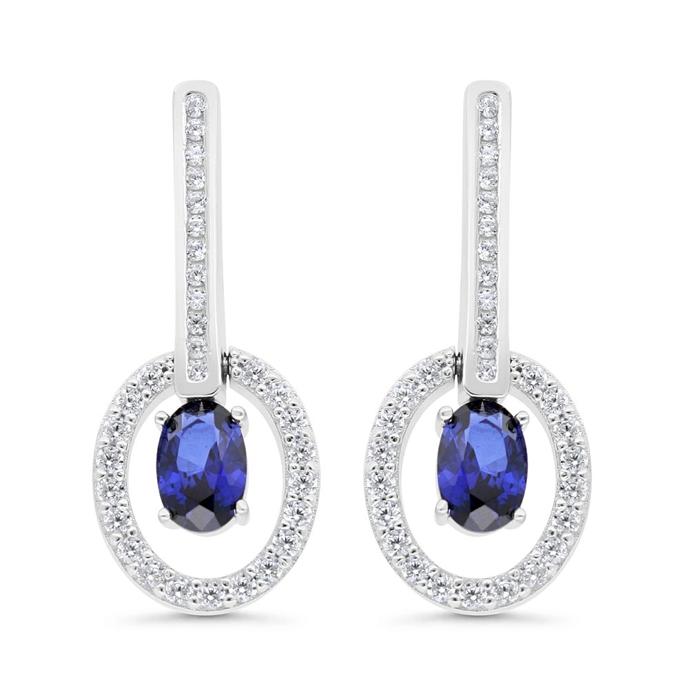 Sterling Silver 925 Earring Rhodium Plated Embedded With Sapphire Corundum And White Zircon