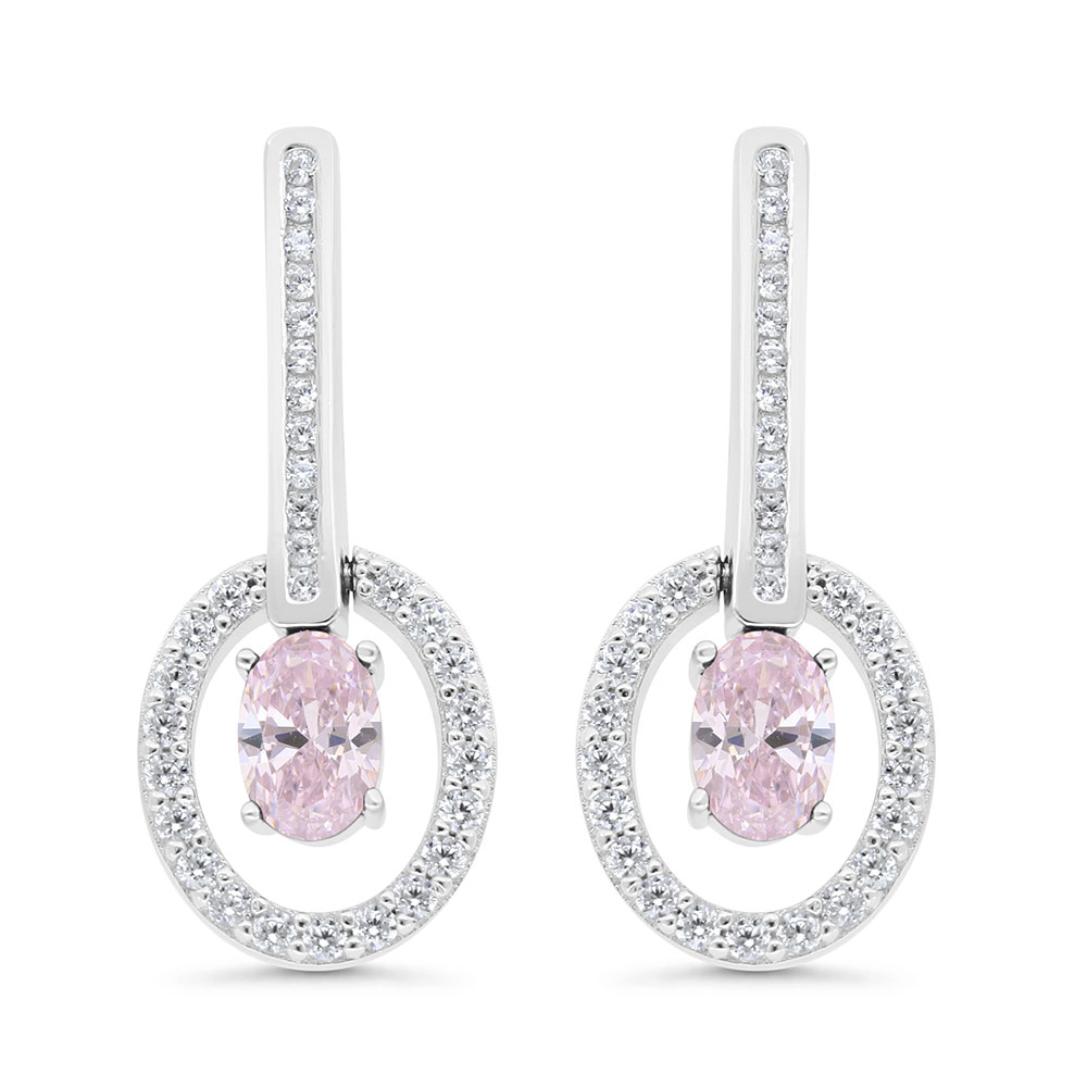 Sterling Silver 925 Earring Rhodium Plated Embedded With Pink Zircon And White Zircon