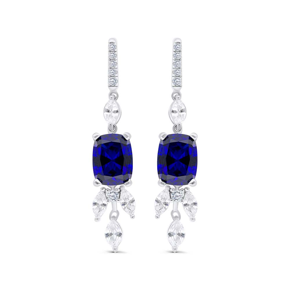 Sterling Silver 925 Earring Rhodium Plated Embedded With Sapphire Corundum And White Zircon