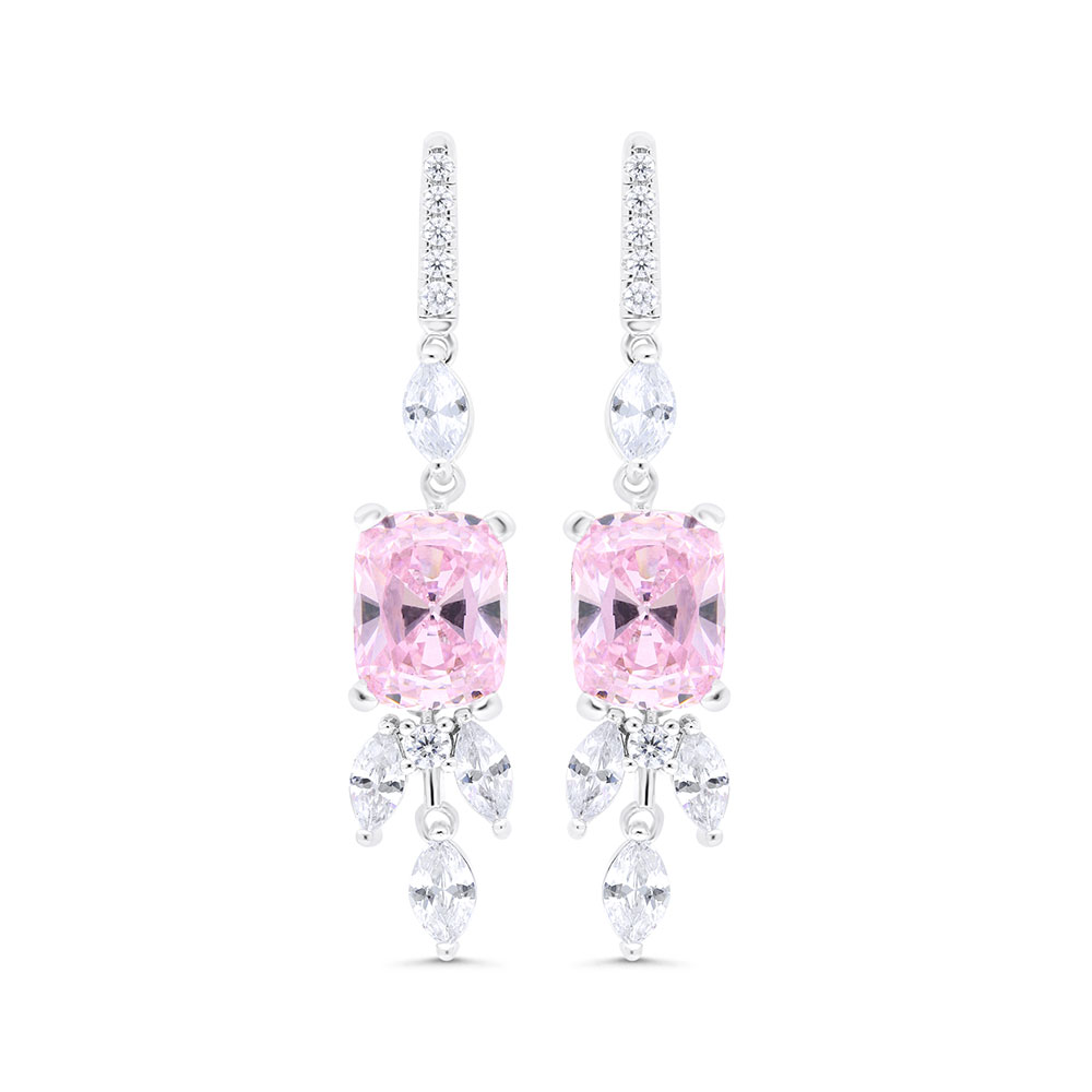 Sterling Silver 925 Earring Rhodium Plated Embedded With Pink Zircon And White Zircon