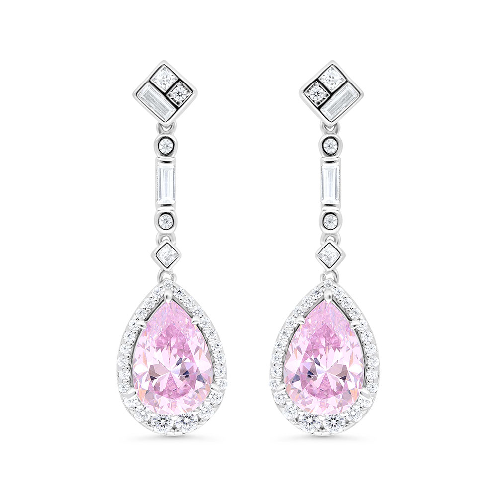 Sterling Silver 925 Earring Rhodium Plated Embedded With Pink Zircon And White Zircon