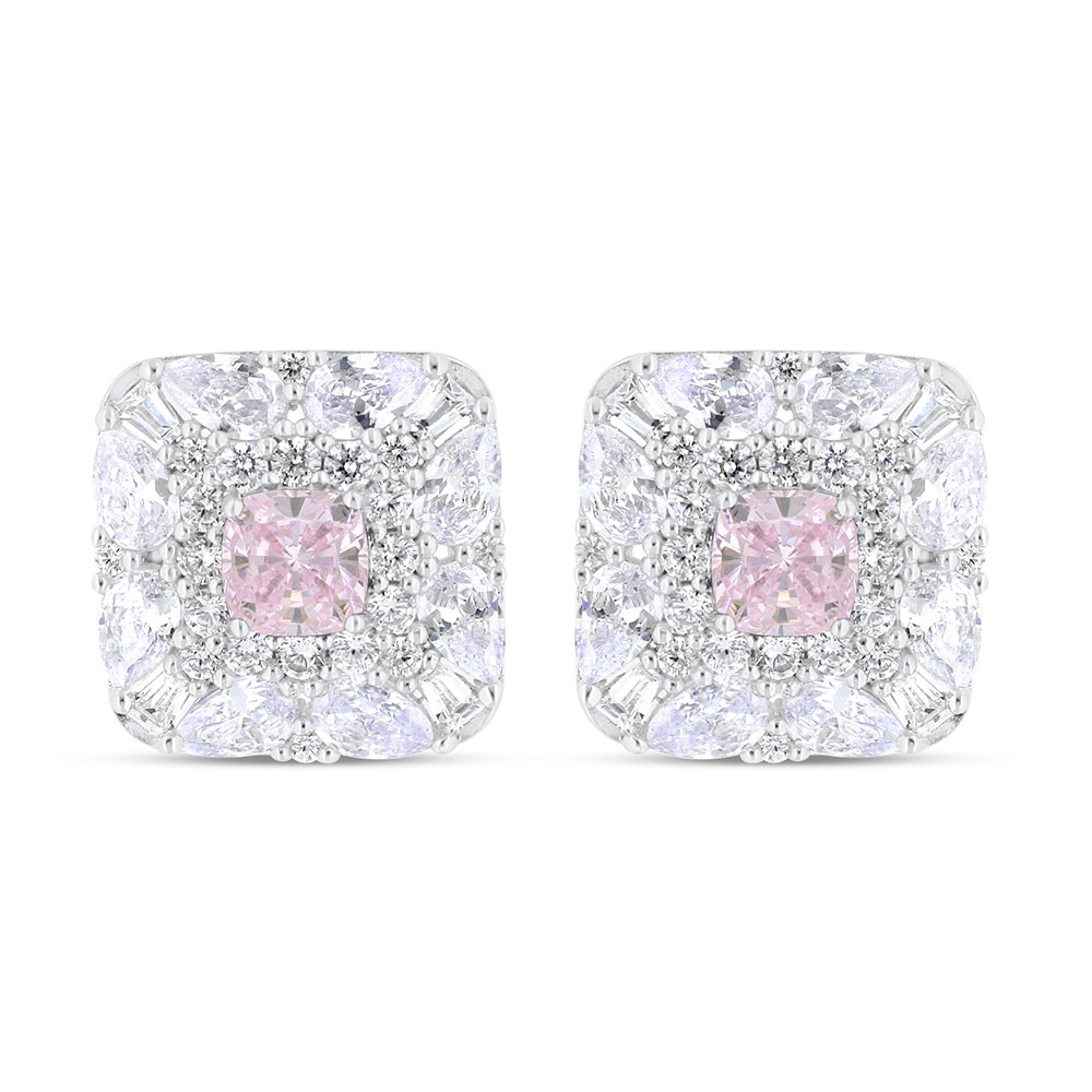 Sterling Silver 925 Earring Rhodium Plated Embedded With Pink Zircon And White Zircon