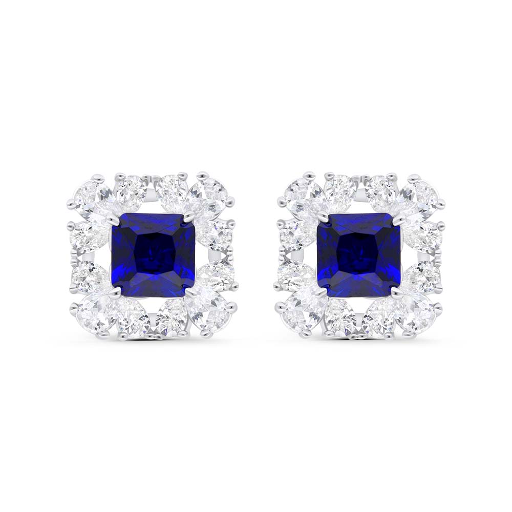 Sterling Silver 925 Earring Rhodium Plated Embedded With Sapphire Corundum And White Zircon