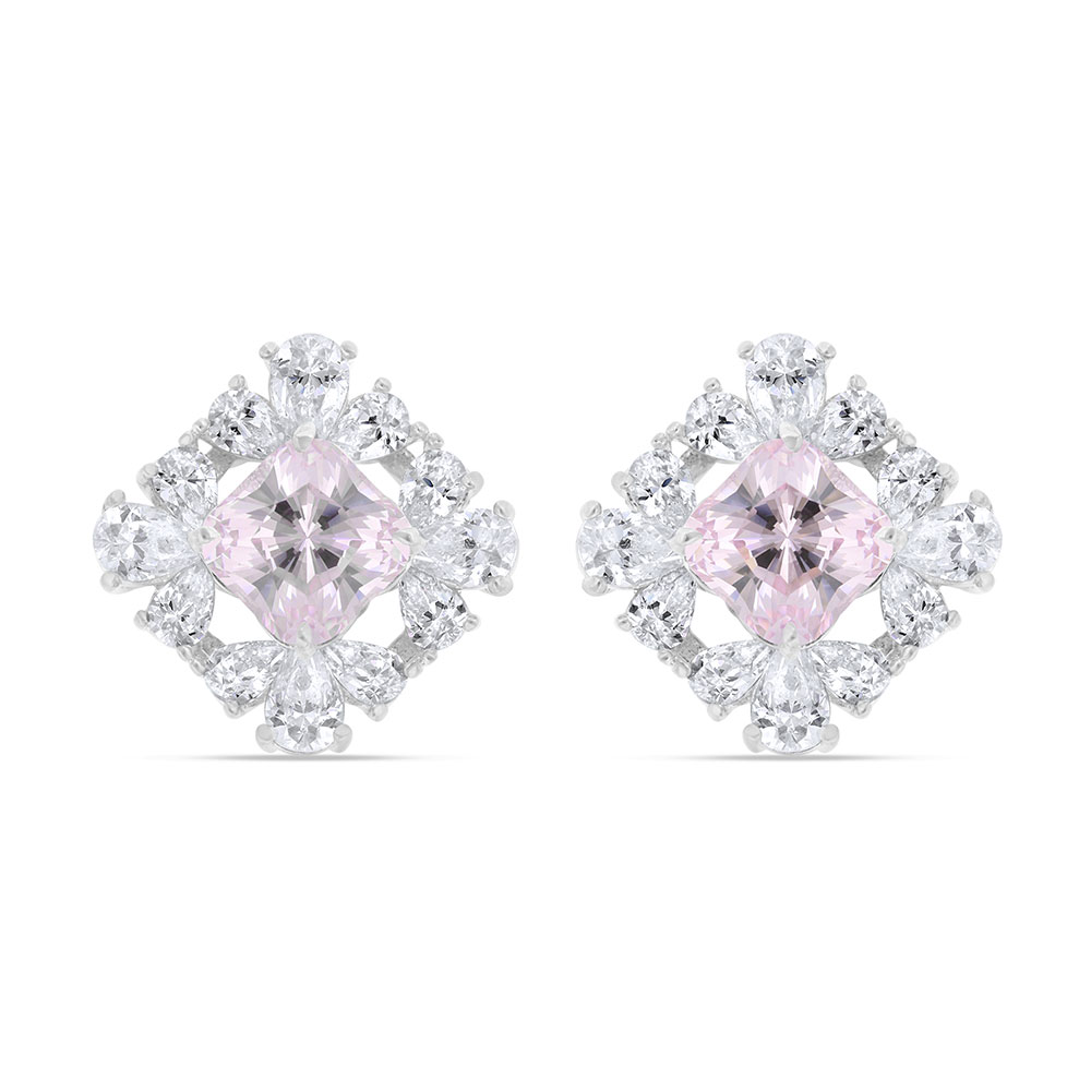 Sterling Silver 925 Earring Rhodium Plated Embedded With Pink Zircon And White Zircon