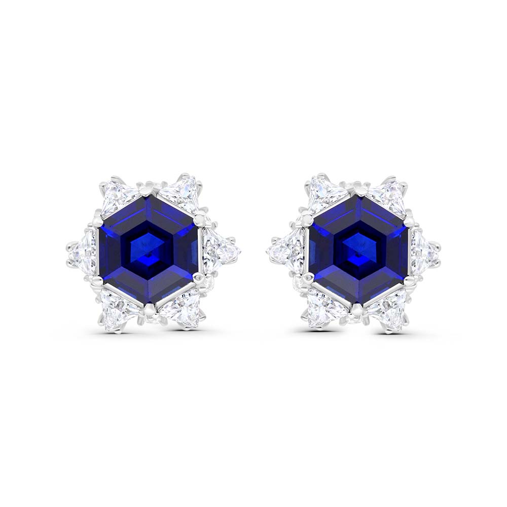 Sterling Silver 925 Earring Rhodium Plated Embedded With Sapphire Corundum And White Zircon