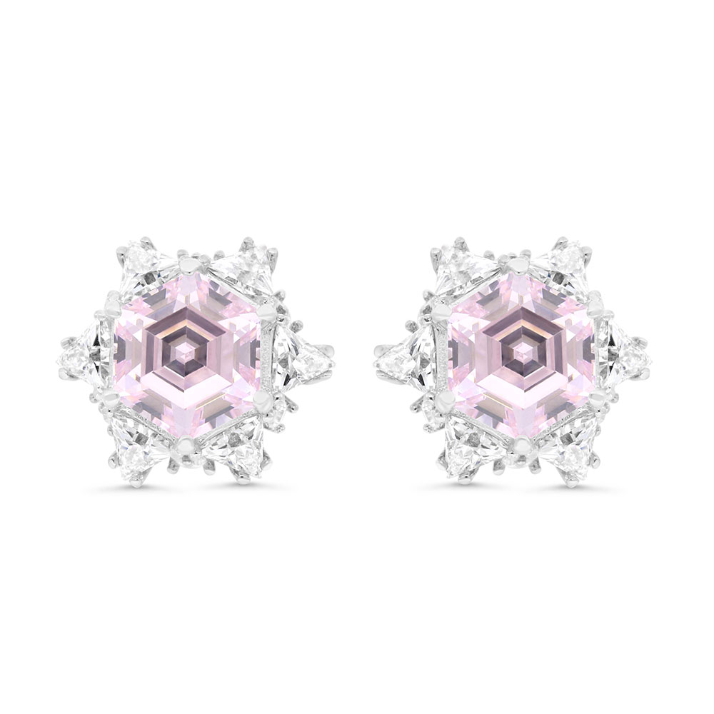 Sterling Silver 925 Earring Rhodium Plated Embedded With Pink Zircon And White Zircon