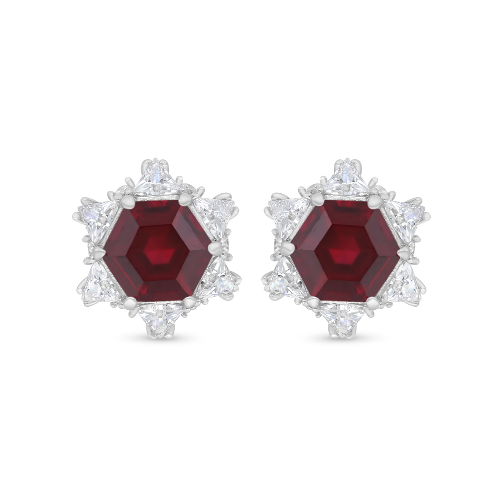 Sterling Silver 925 Earring Rhodium Plated Embedded With Ruby Corundum And White Zircon