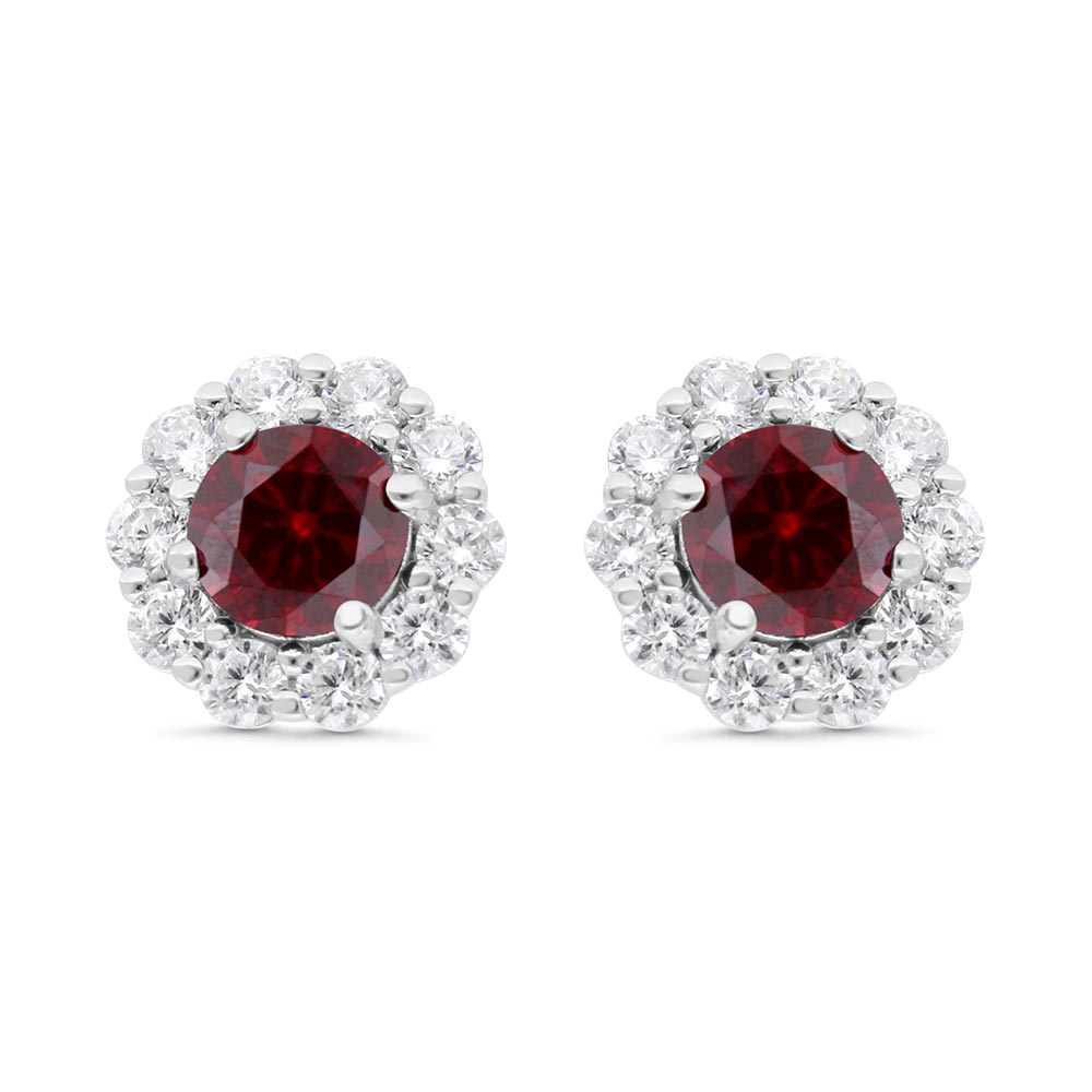 Sterling Silver 925 Earring Rhodium Plated Embedded With Ruby Corundum And White Zircon