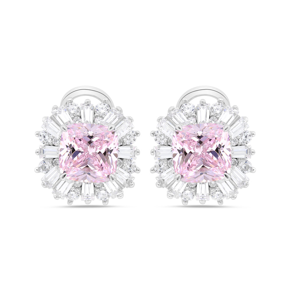 Sterling Silver 925 Earring Rhodium Plated Embedded With Pink Zircon And White Zircon