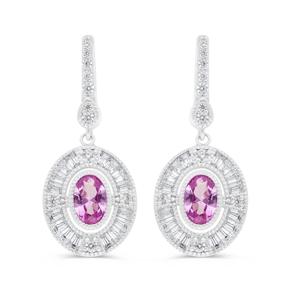 Sterling Silver 925 Earring Rhodium Plated Embedded With Pink Zircon And White Zircon