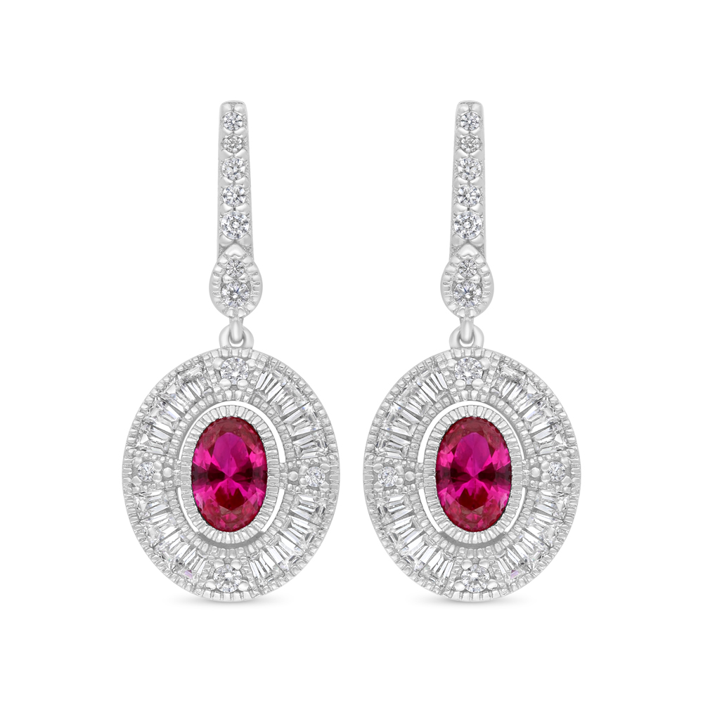 Sterling Silver 925 Earring Rhodium Plated Embedded With Ruby Corundum And White Zircon