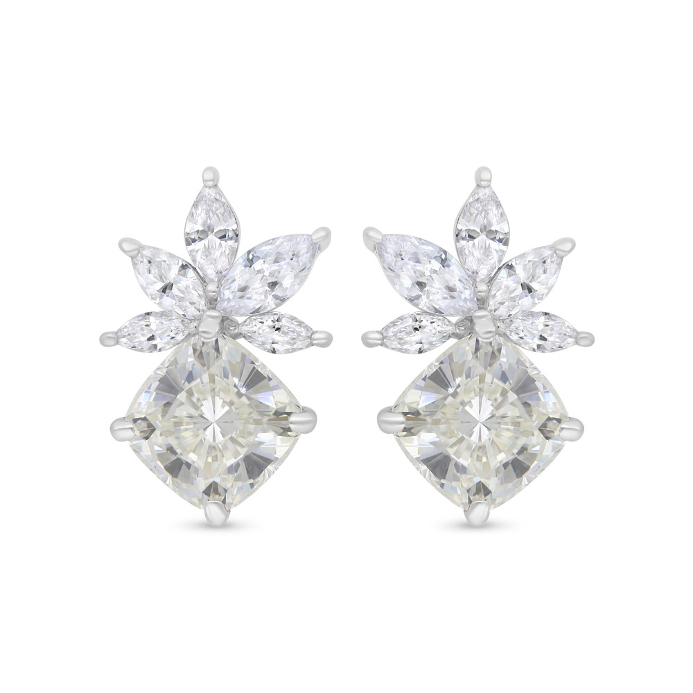 Sterling Silver 925 Earring Rhodium Plated Embedded With Yellow Zircon And White Zircon