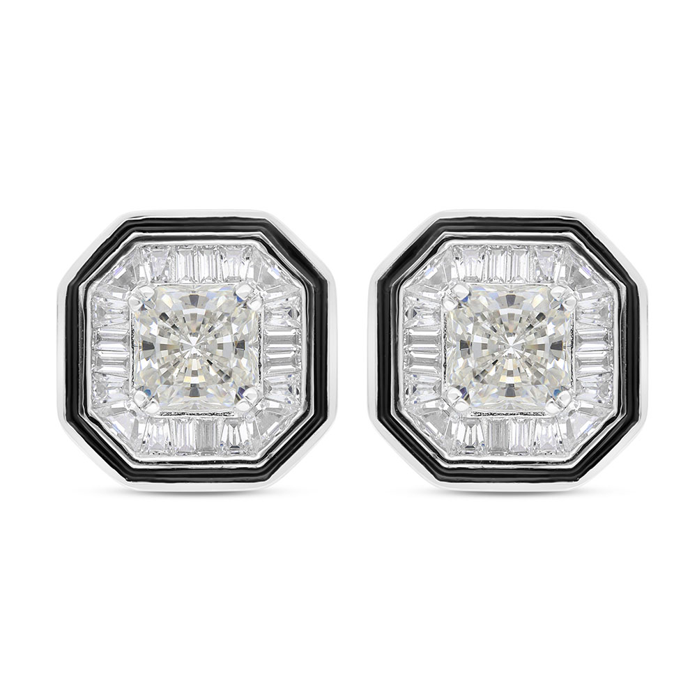 Sterling Silver 925 Earring Rhodium Plated Embedded With Yellow Zircon And White Zircon