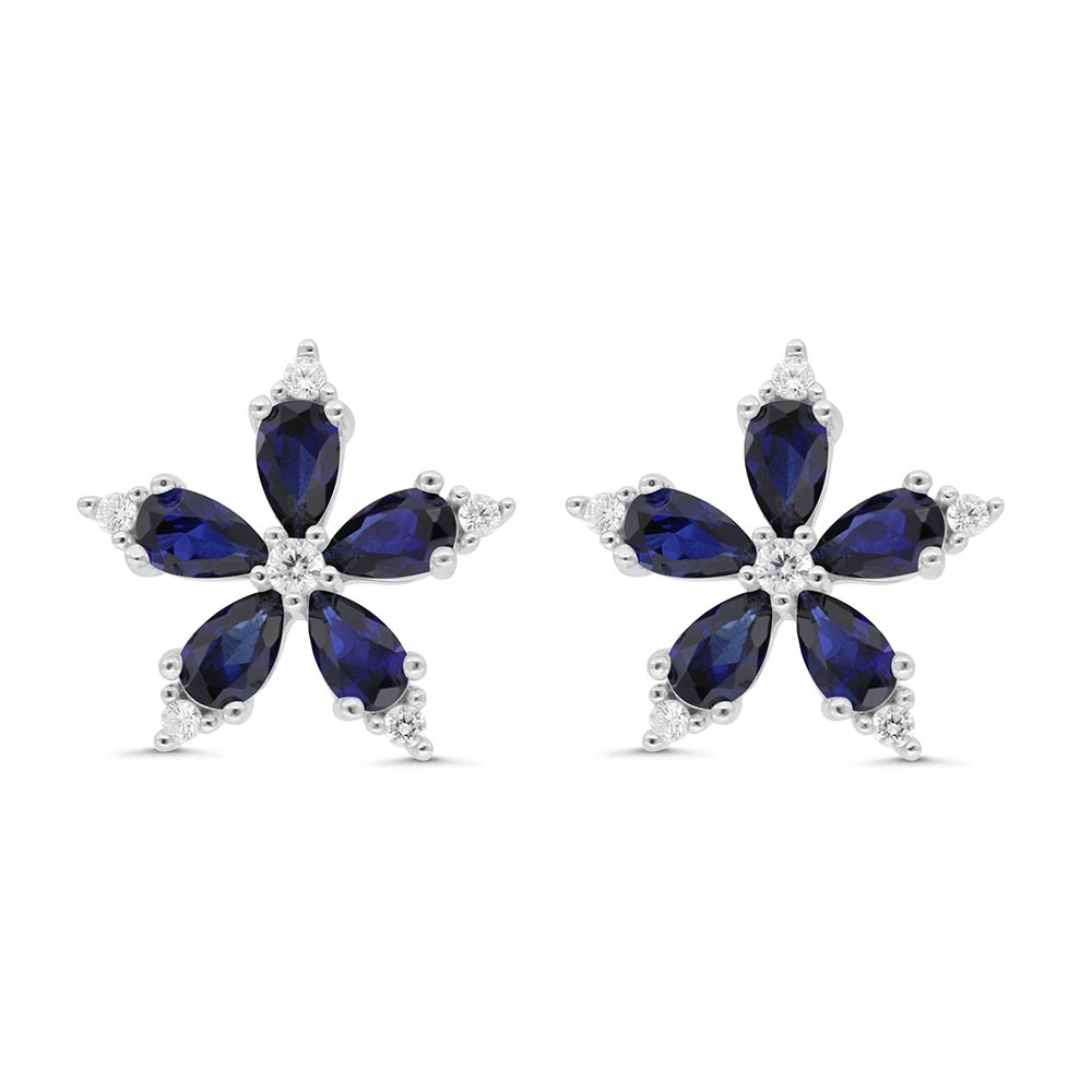 Sterling Silver 925 Earring Rhodium Plated Embedded With Sapphire Corundum And White Zircon