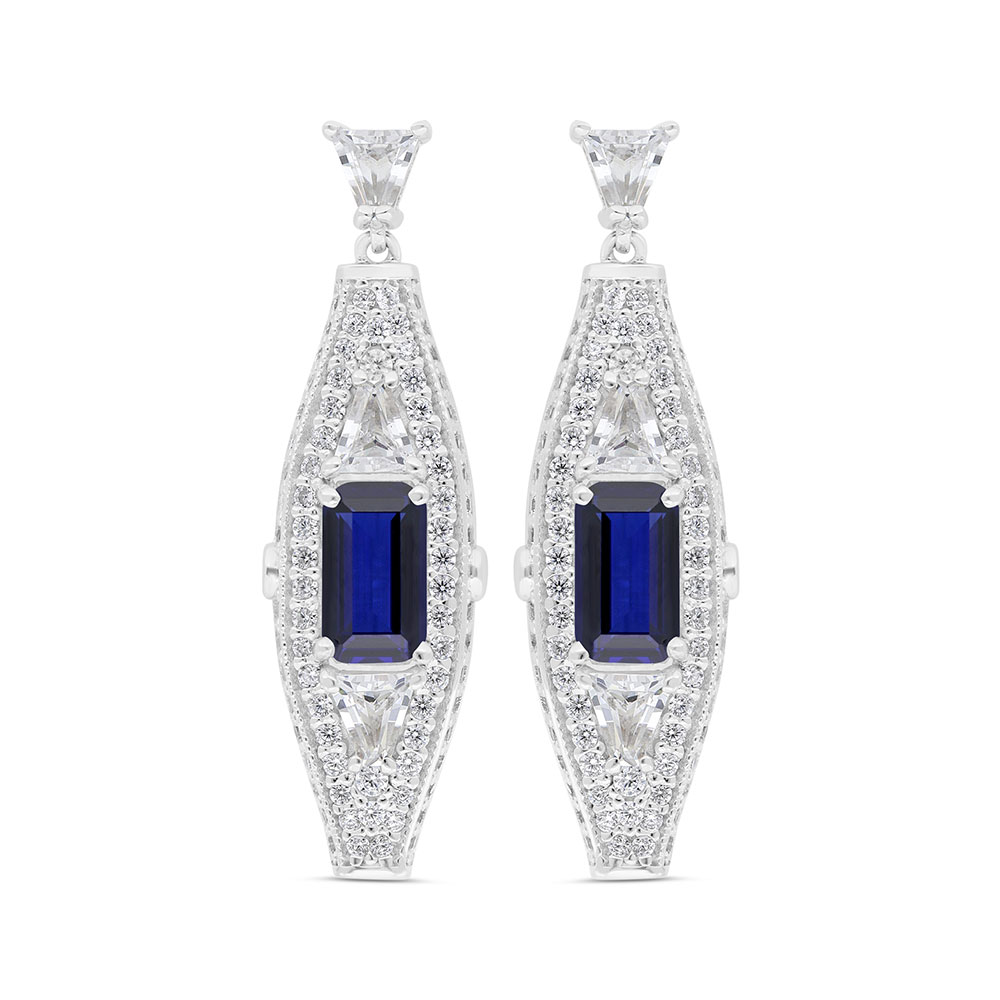 Sterling Silver 925 Earring Rhodium Plated Embedded With Sapphire Corundum And White Zircon