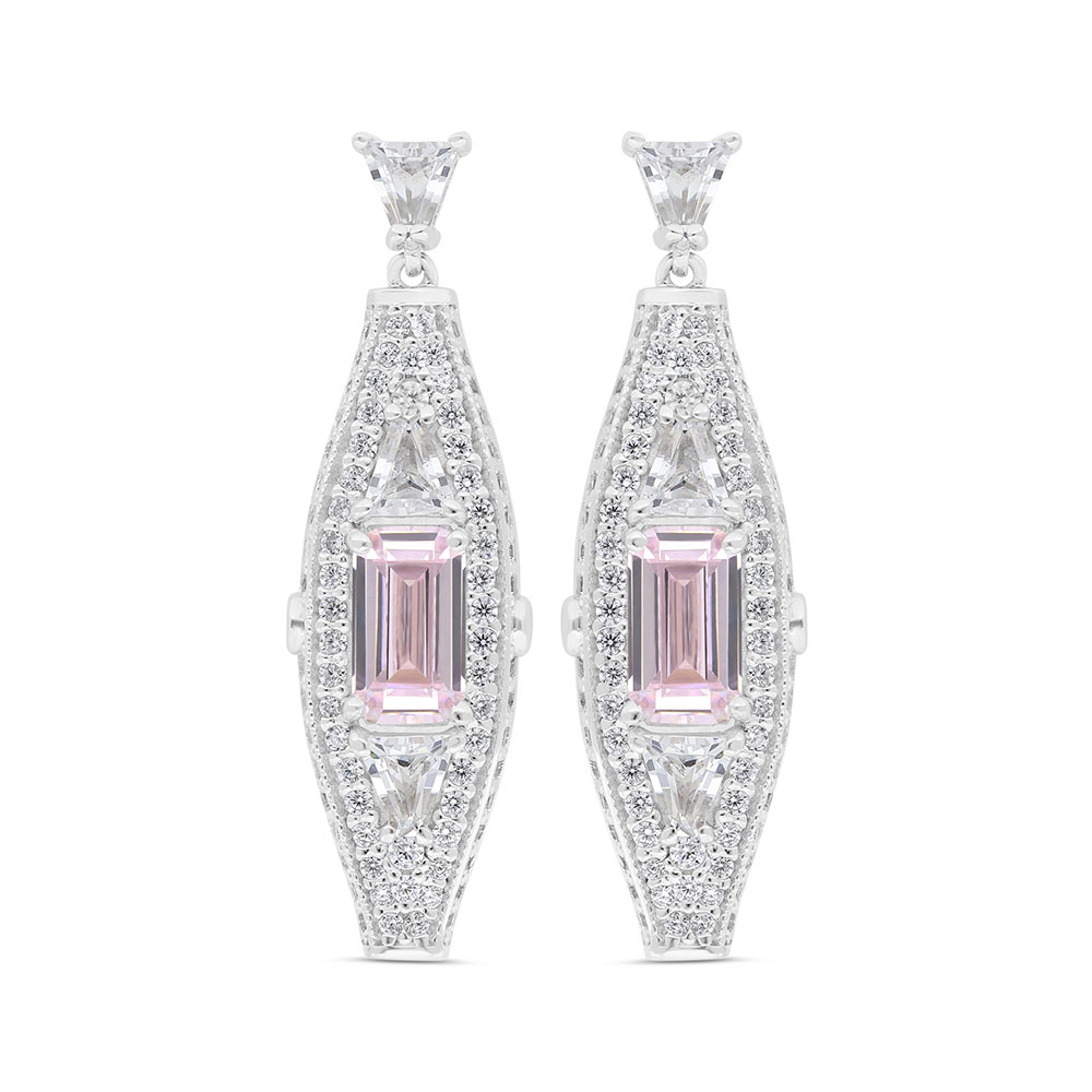 Sterling Silver 925 Earring Rhodium Plated Embedded With pink Zircon And White Zircon