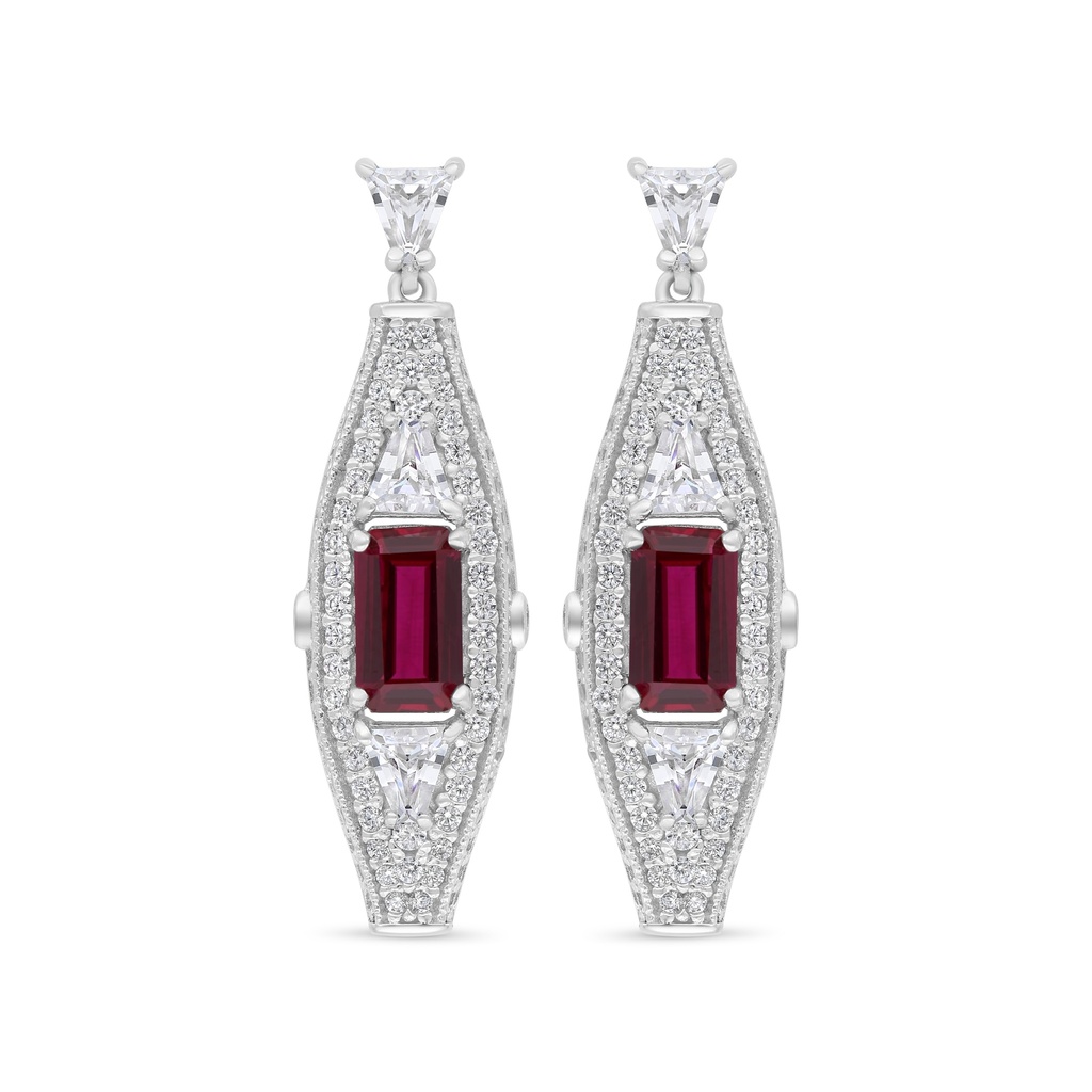 Sterling Silver 925 Earring Rhodium Plated Embedded With Ruby Corundum And White Zircon