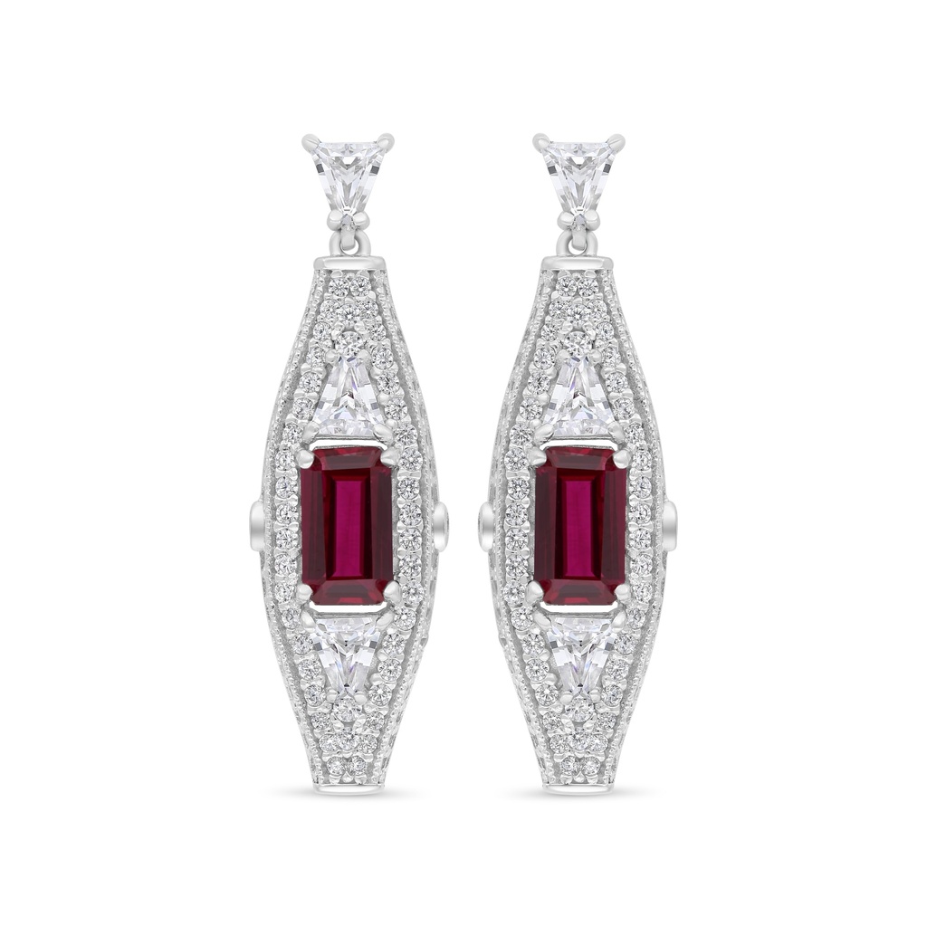 Sterling Silver 925 Earring Rhodium Plated Embedded With Ruby Corundum And White Zircon