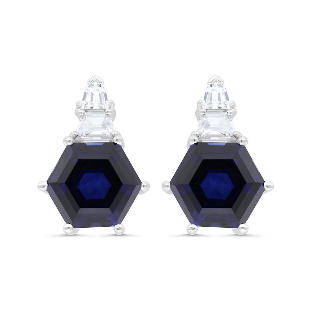 Sterling Silver 925 Earring Rhodium Plated Embedded With Sapphire Corundum And White Zircon