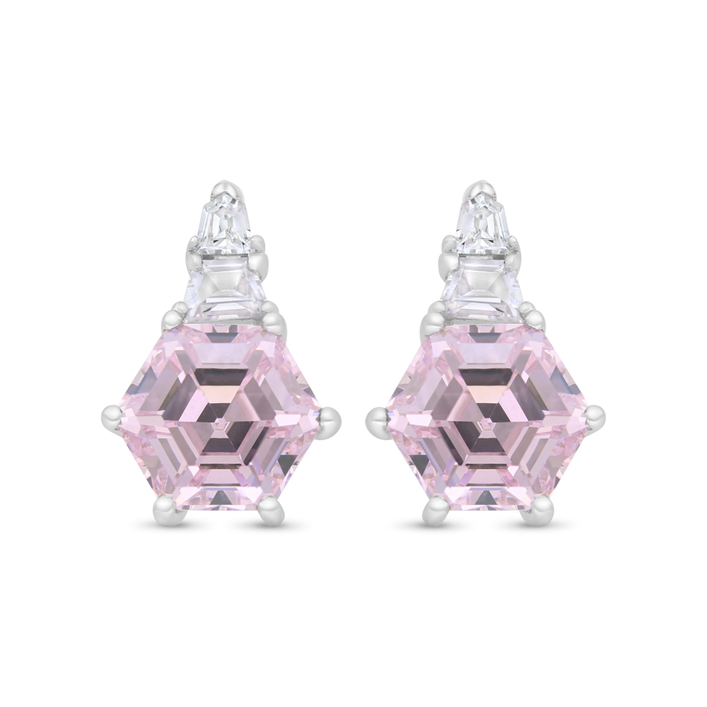 Sterling Silver 925 Earring Rhodium Plated Embedded With Pink Zircon And White Zircon