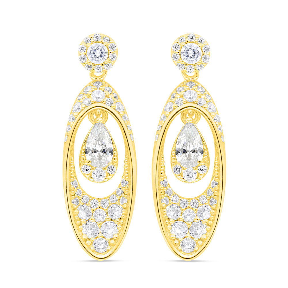 Sterling Silver 925 Earring Gold Plated Embedded With Yellow Zircon And White Zircon