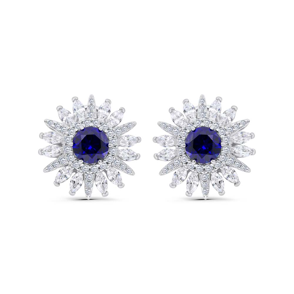 Sterling Silver 925 Earring Rhodium Plated Embedded With Sapphire Corundum And White Zircon