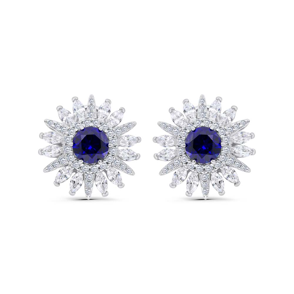 Sterling Silver 925 Earring Rhodium Plated Embedded With Sapphire Corundum And White Zircon