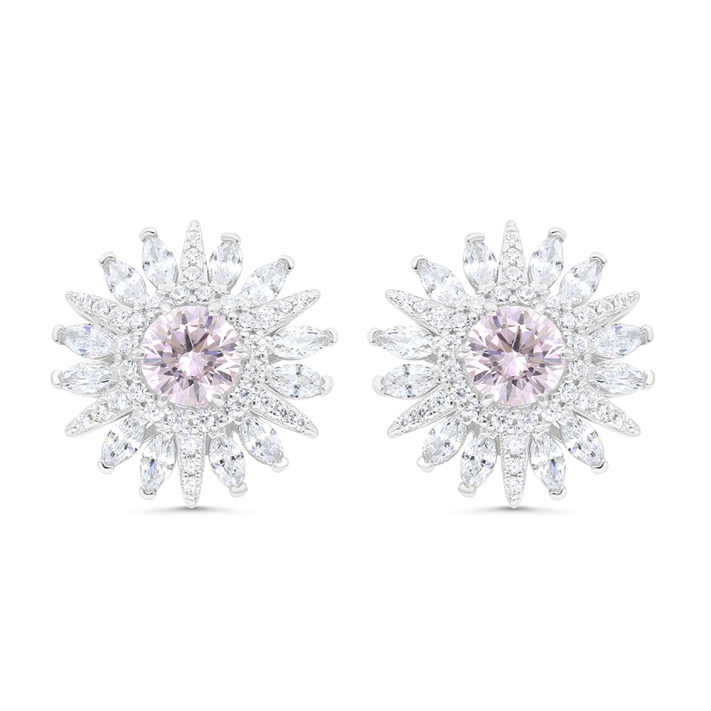 Sterling Silver 925 Earring Rhodium Plated Embedded With pink Zircon And White Zircon