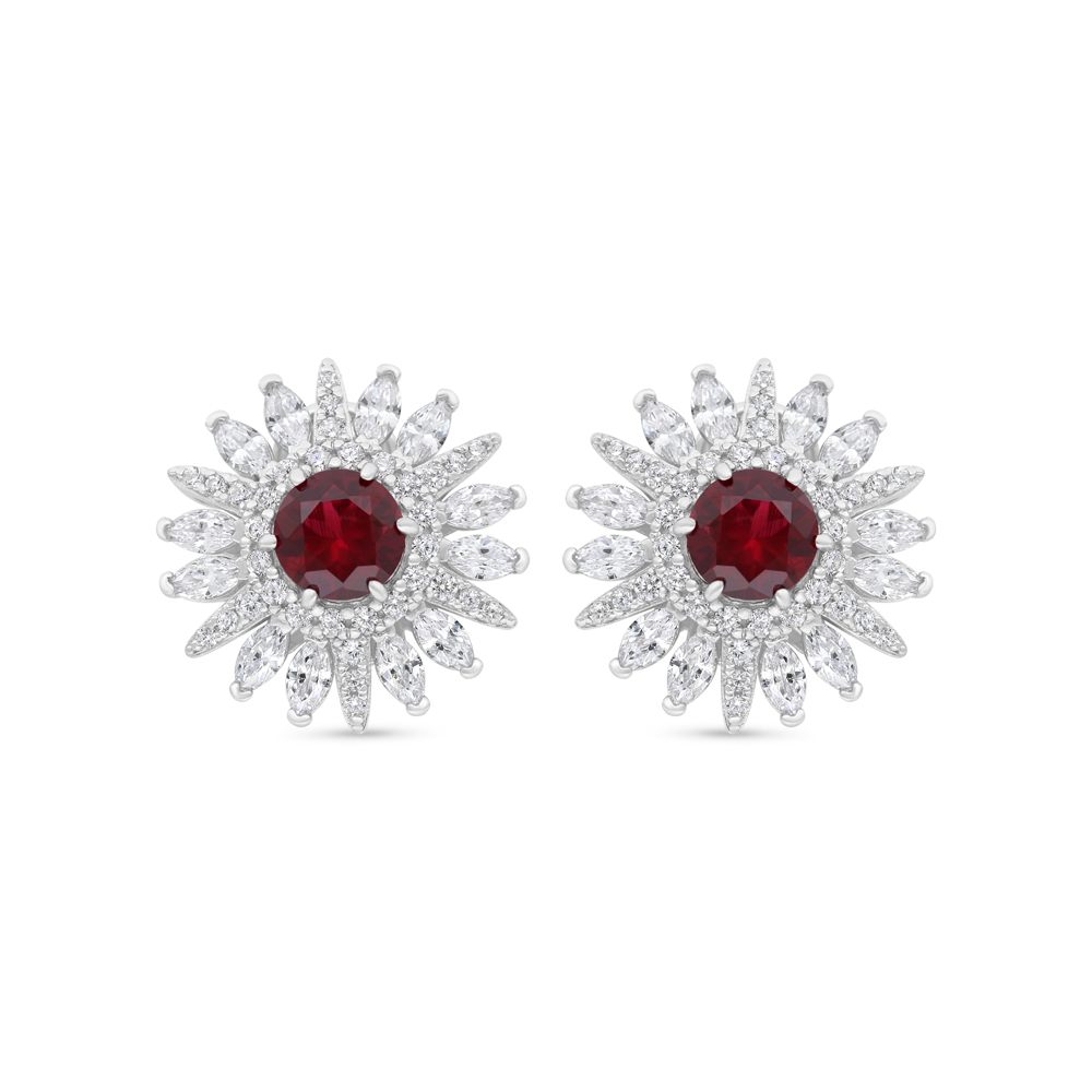 Sterling Silver 925 Earring Rhodium Plated Embedded With Ruby Corundum And White Zircon