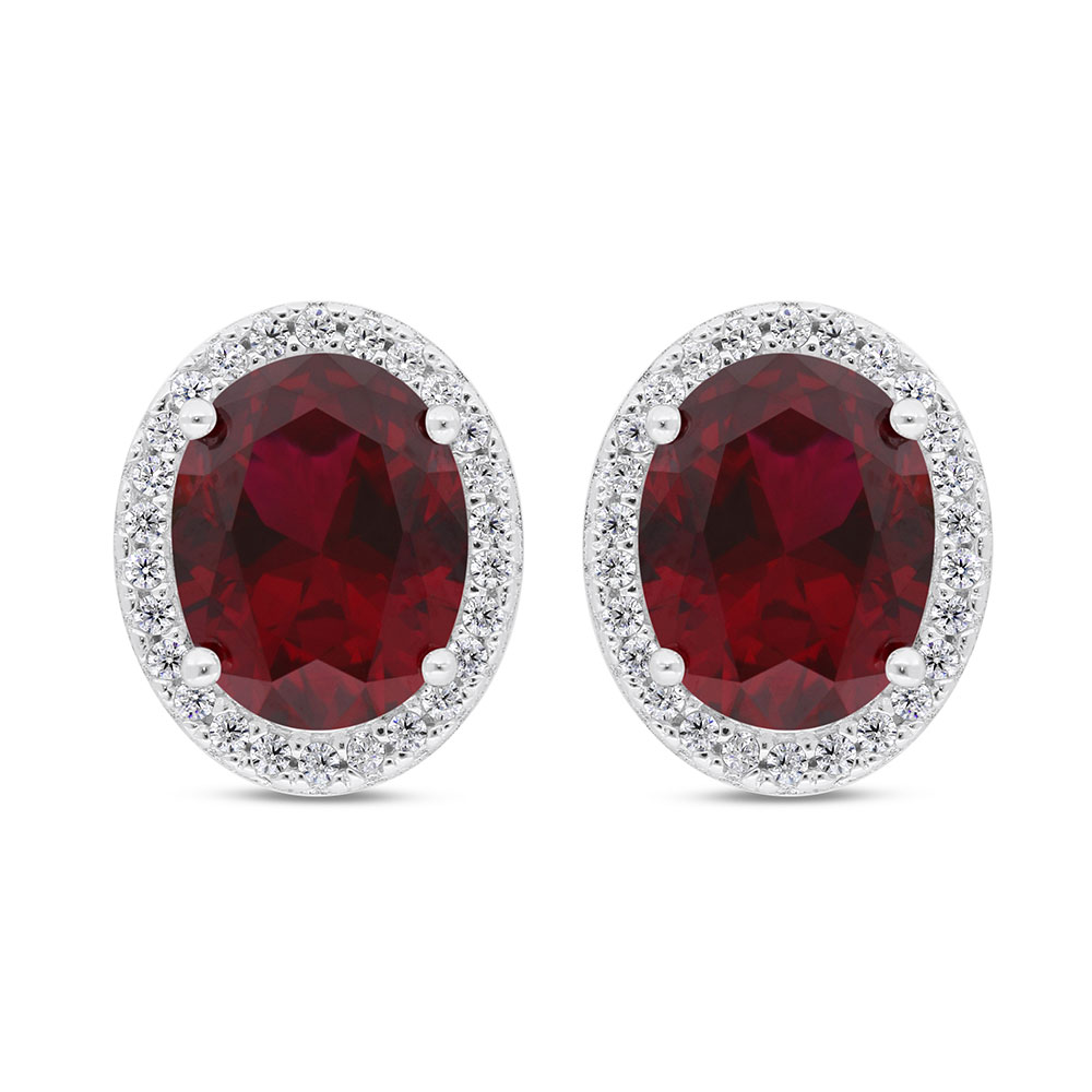 Sterling Silver 925 Earring Rhodium Plated Embedded With Ruby Corundum And White Zircon