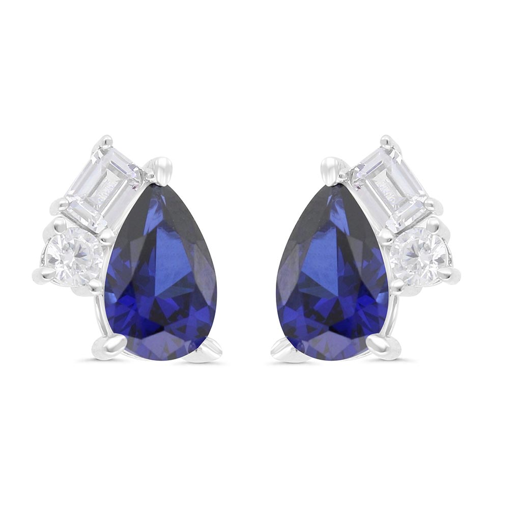 Sterling Silver 925 Earring Rhodium Plated Embedded With Sapphire Corundum And White Zircon