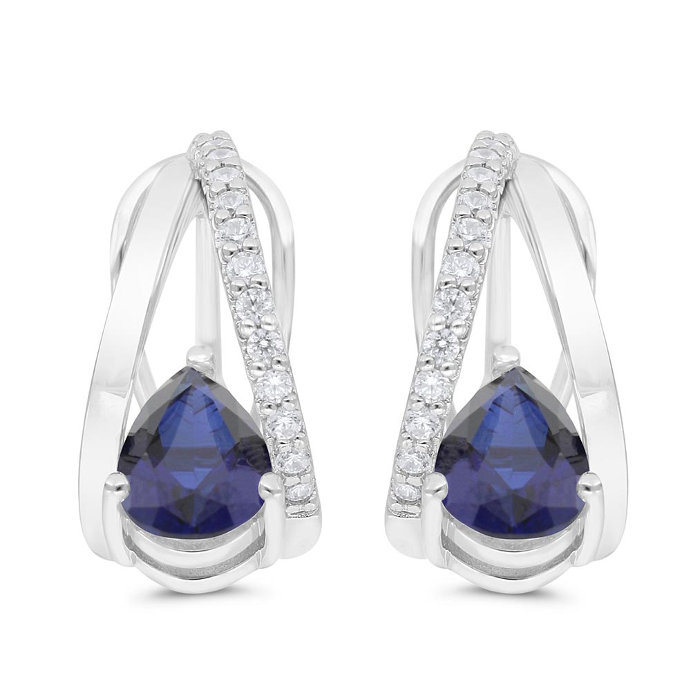 Sterling Silver 925 Earring Rhodium Plated Embedded With Sapphire Corundum And White Zircon