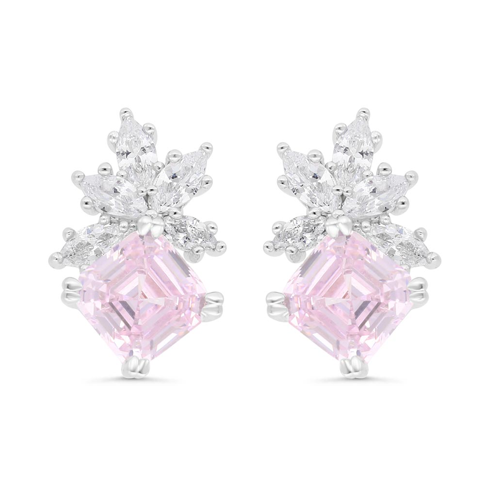 Sterling Silver 925 Earring Rhodium Plated Embedded With pink Zircon And White Zircon