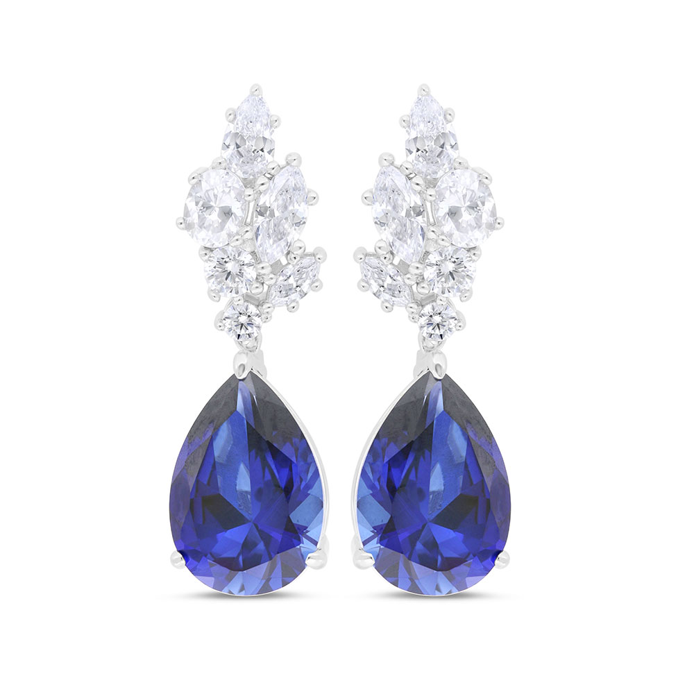 Sterling Silver 925 Earring Rhodium Plated Embedded With Sapphire Corundum And White Zircon