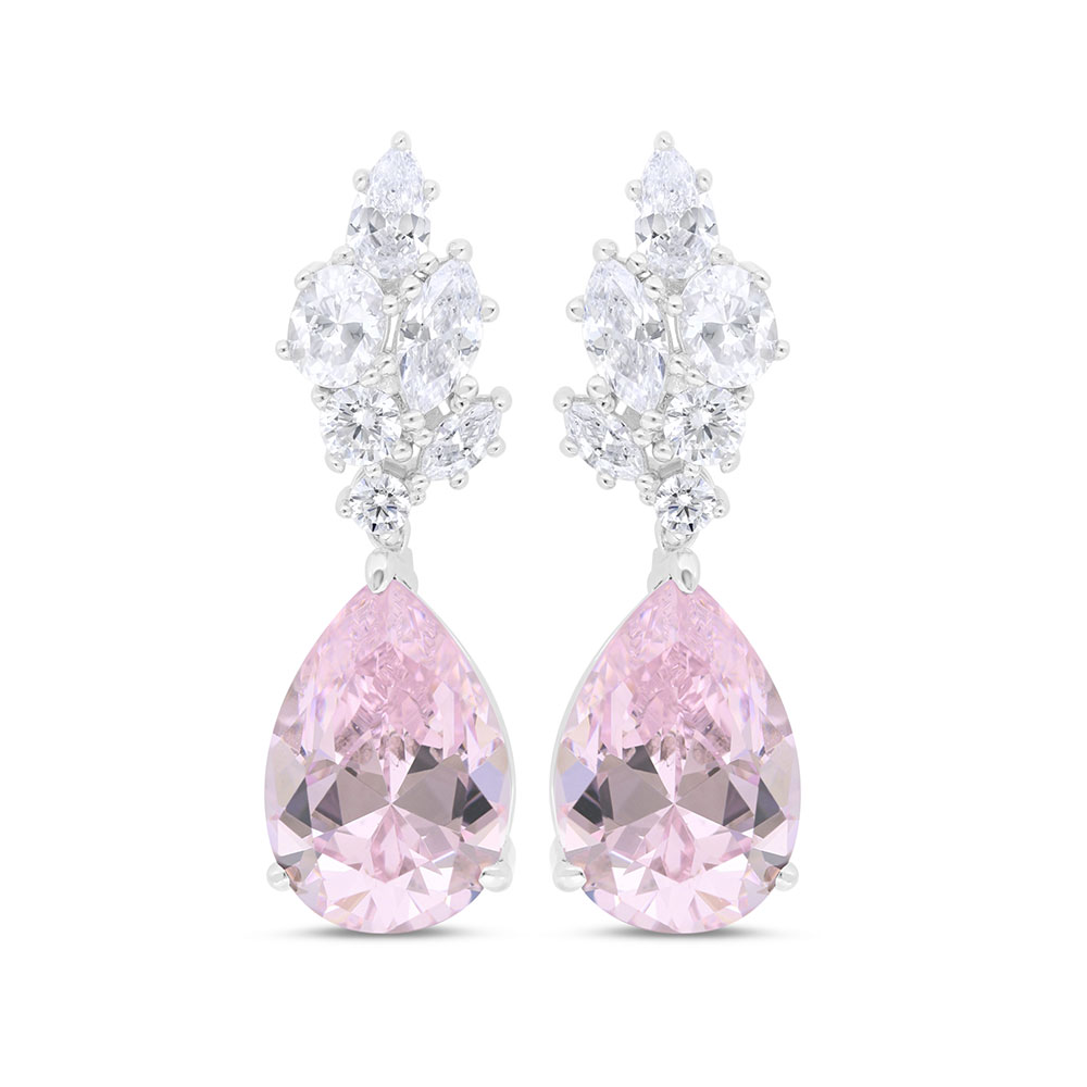 Sterling Silver 925 Earring Rhodium Plated Embedded With pink Zircon And White Zircon