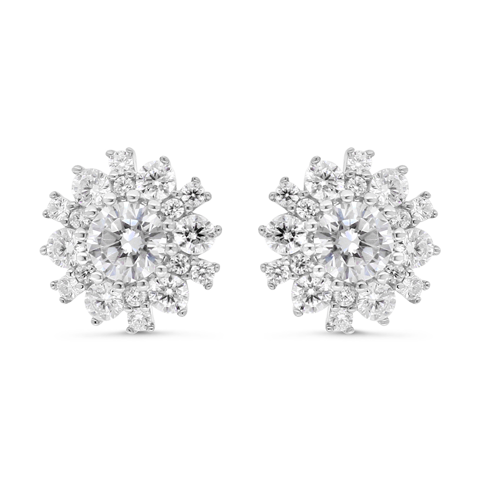 Sterling Silver 925 Earring Rhodium Plated Embedded With White CZ