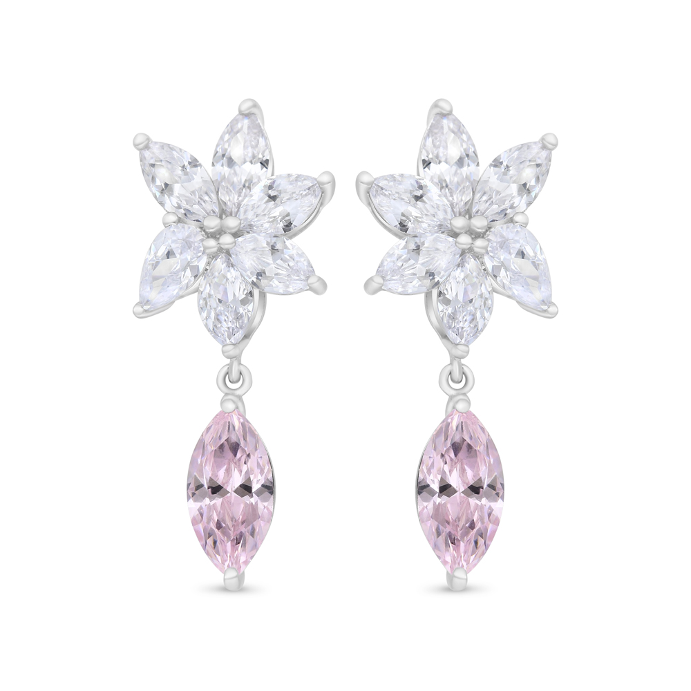 Sterling Silver 925 Earring Rhodium Plated Embedded With Pink Zircon And White Zircon