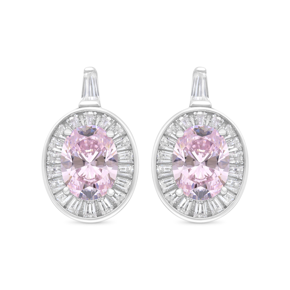 Sterling Silver 925 Earring Rhodium Plated Embedded With Pink Zircon And White Zircon