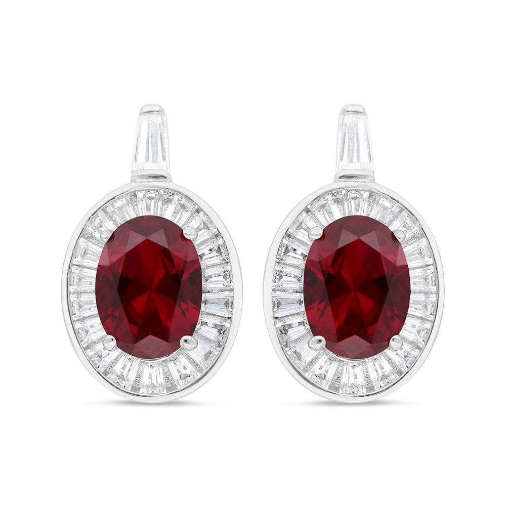 Sterling Silver 925 Earring Rhodium Plated Embedded With Ruby Corundum And White Zircon