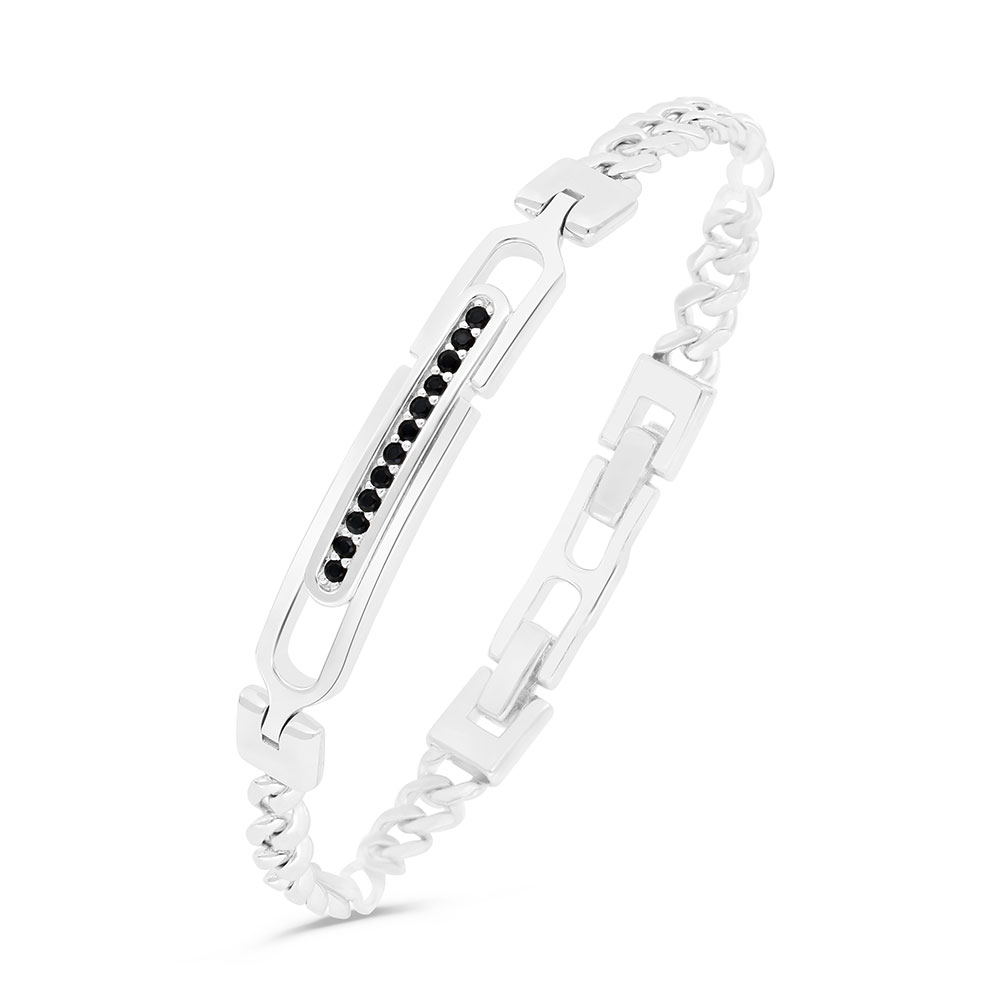 Sterling Silver 925 Bracelet Rhodium Plated Embedded With Black Spinal For Men