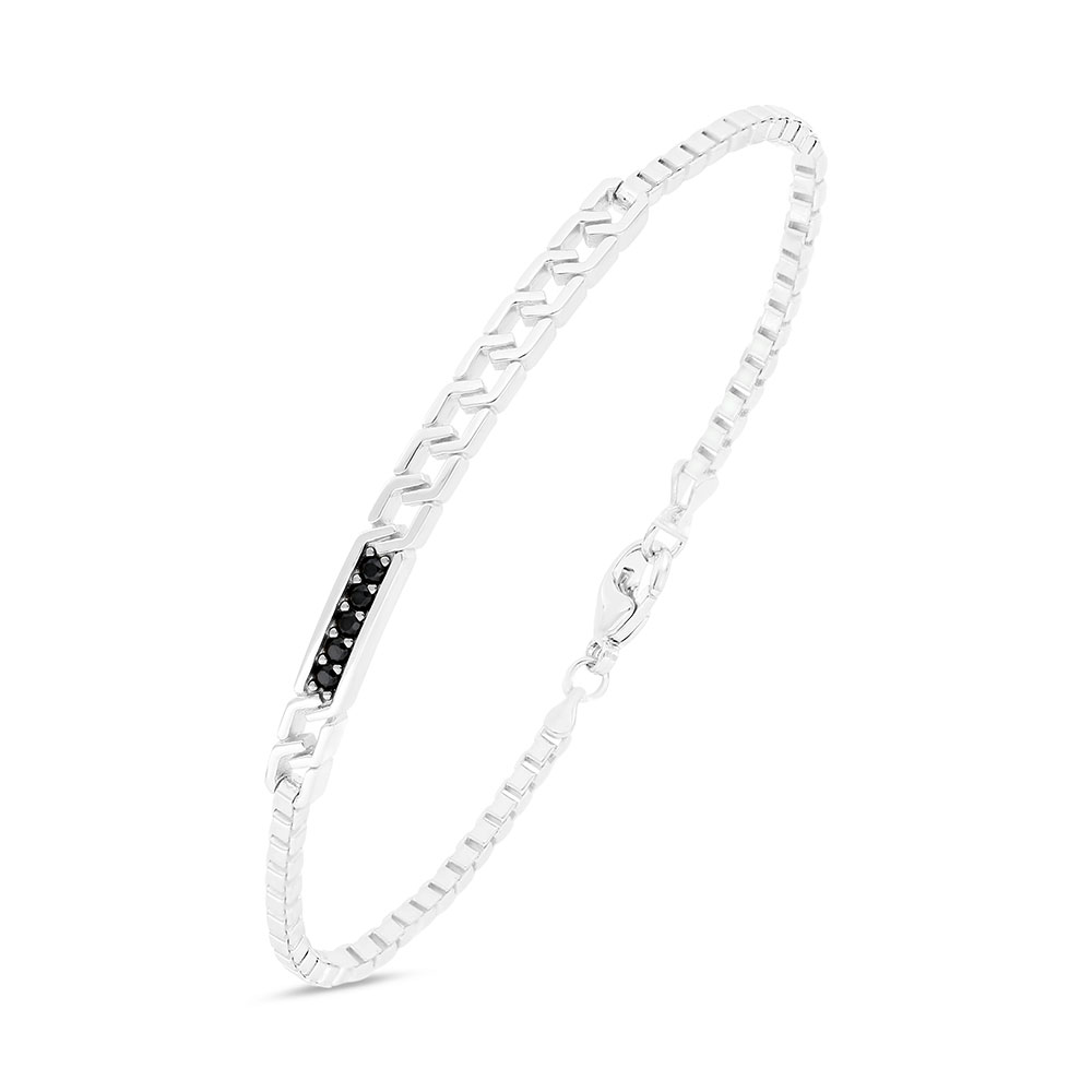 Sterling Silver 925 Bracelet Rhodium Plated Embedded With Black Spinal For Men