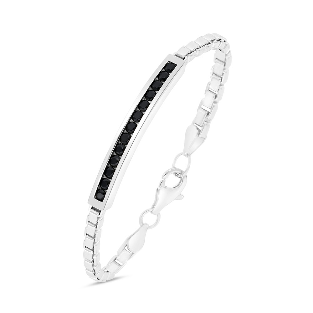 Sterling Silver 925 Bracelet Rhodium Plated Embedded With Black Spinal For Men