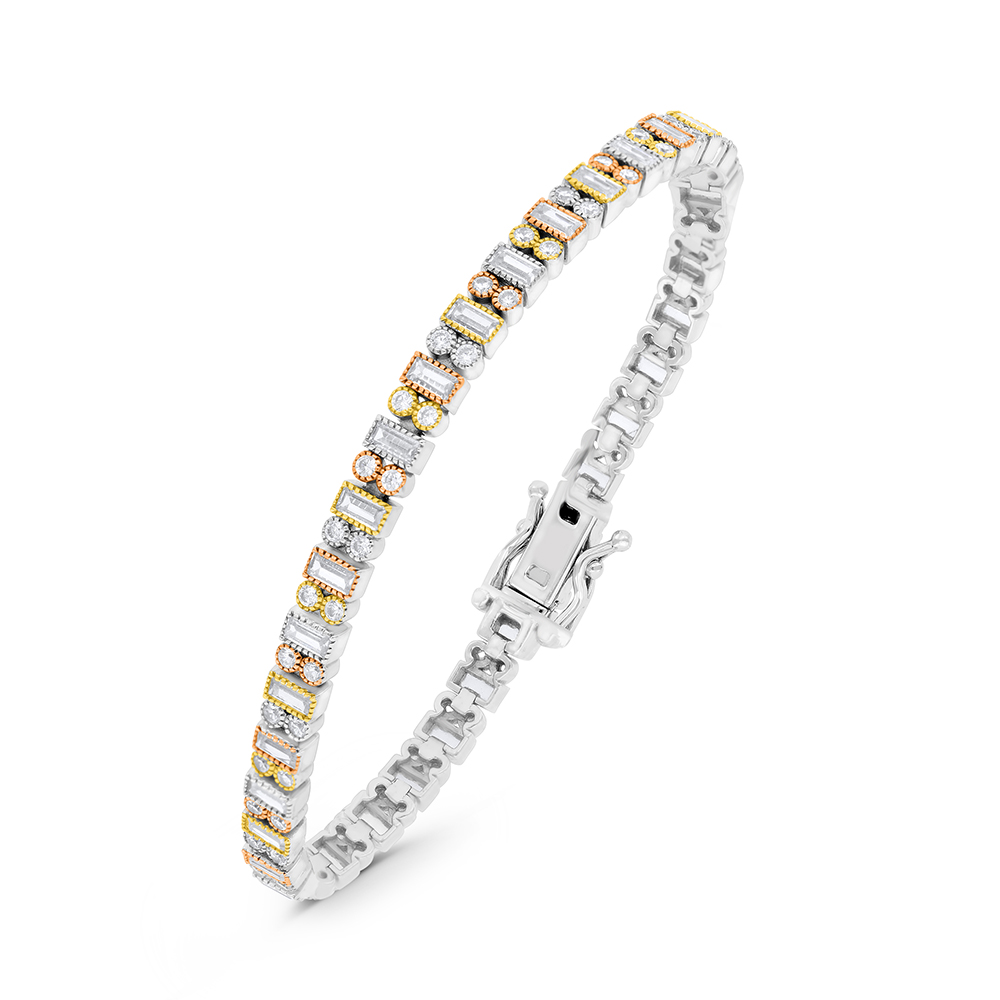 Sterling Silver 925 Bracelet Rhodium And Gold And Rose Gold Plated And White CZ